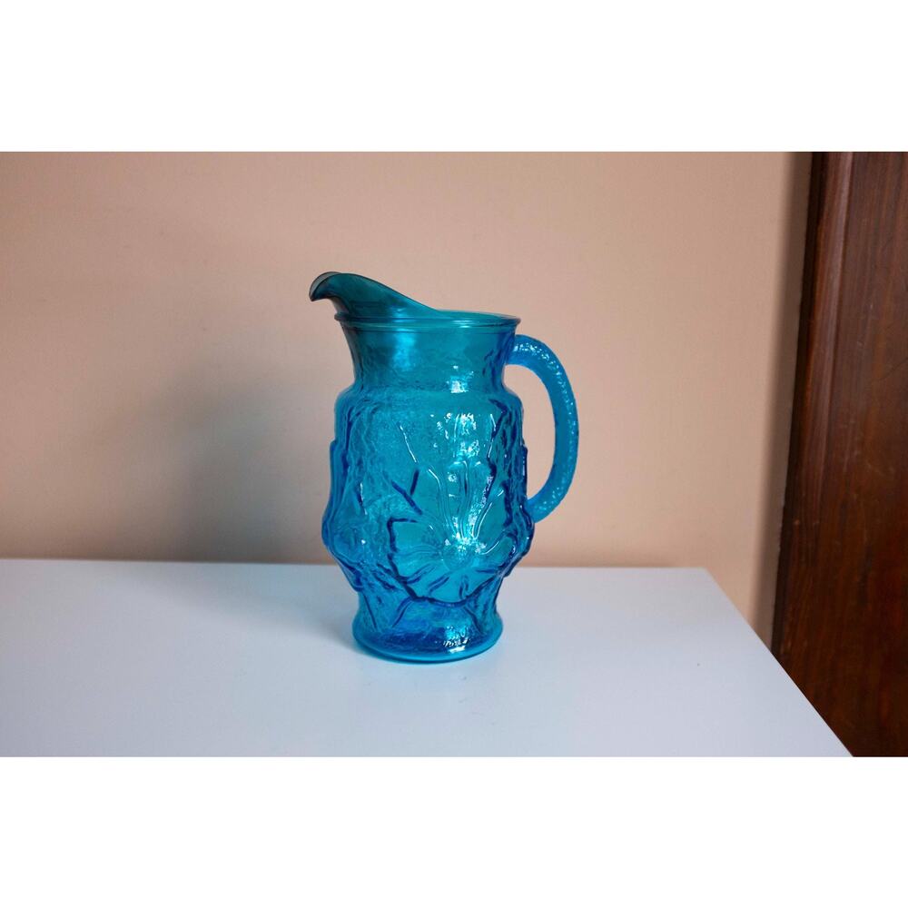 Bright blue Anchor Hocking pressed glass pitcher